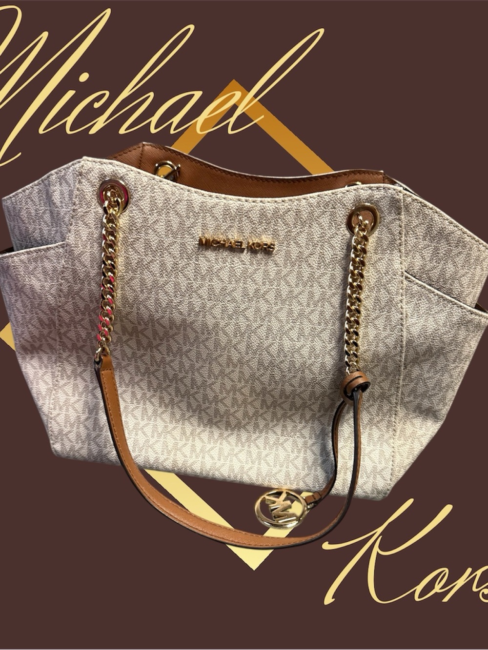 Michael Kors Cream Logo Tote with Gold Chain Straps
